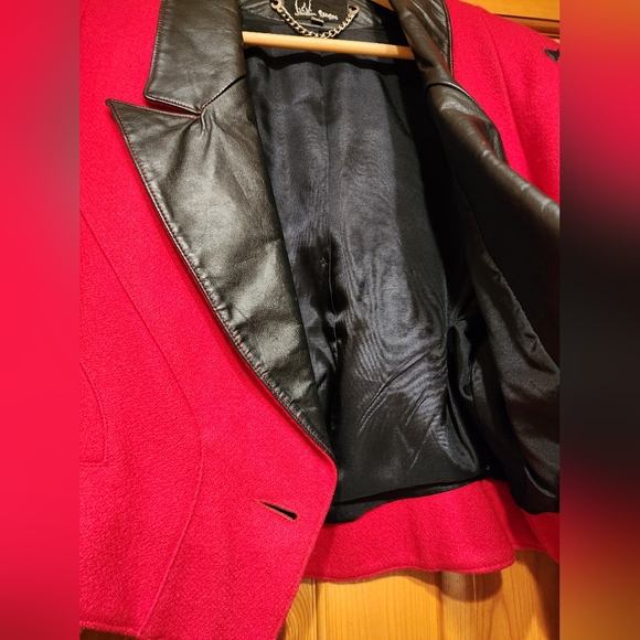 Jonathan Stevens Vintage Cropped Red Wool and  Leather Jacket, Size L - Picture 11 of 13